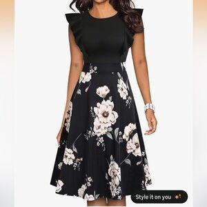 Floral Black and White Midi Dress